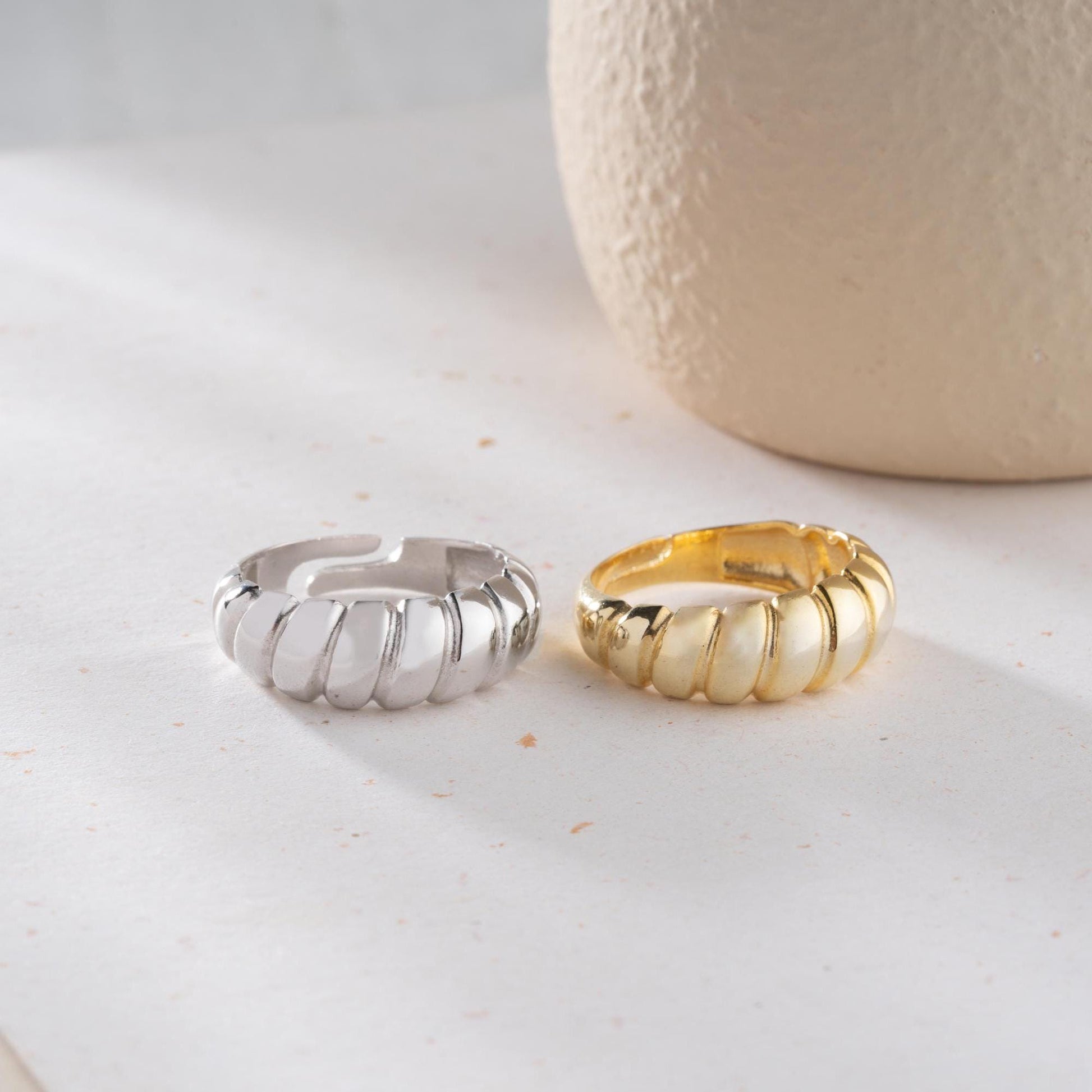 Bold dome adjustable open ring, crafted from 925 Sterling Silver and 14K Gold Plated options. Modern chunky statement ring for women.