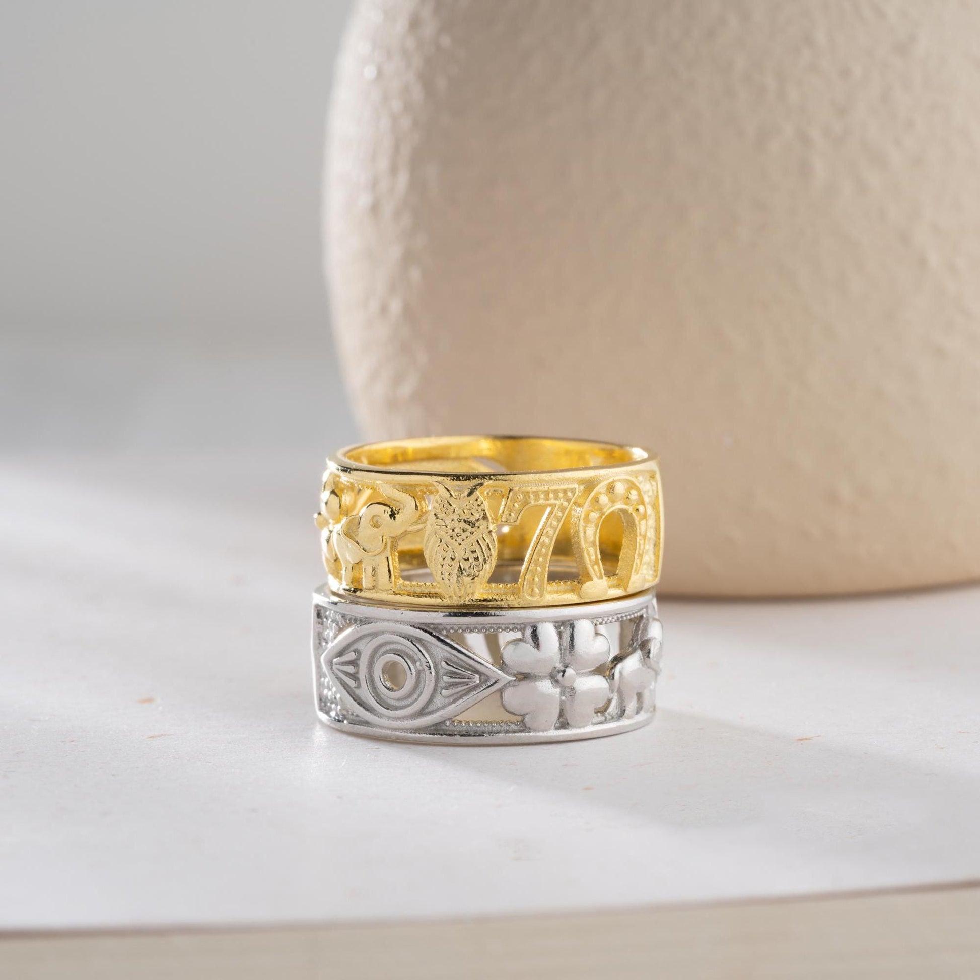 Floral wide band ring with intricate openwork flower design, available in 925 sterling silver and 14K gold plating. Elegant nature-inspired jewelry perfect for gifting.