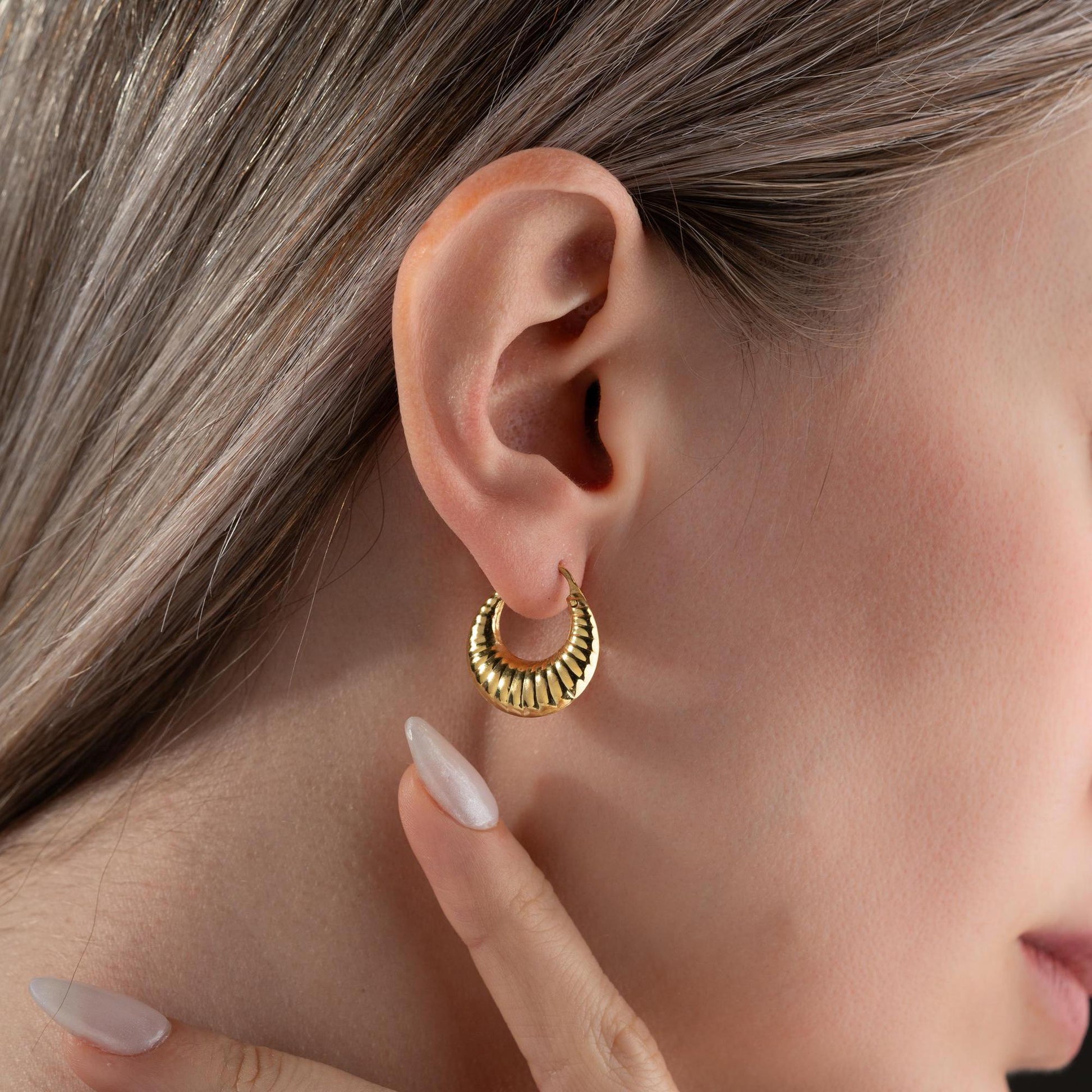 Crescent-shaped hoop earrings crafted from 925 sterling silver with 14K gold-plated options, featuring a textured design, perfect for Christmas gifts.