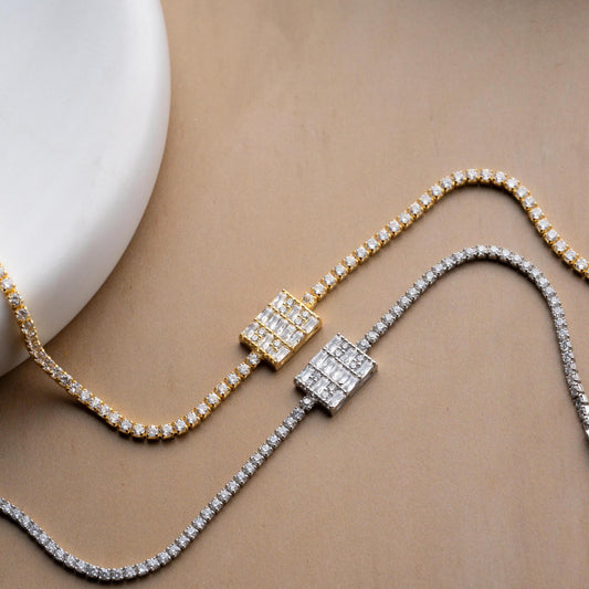 Tennis bracelet with cubic zirconia stones in 925 sterling silver and 14K gold plated options.