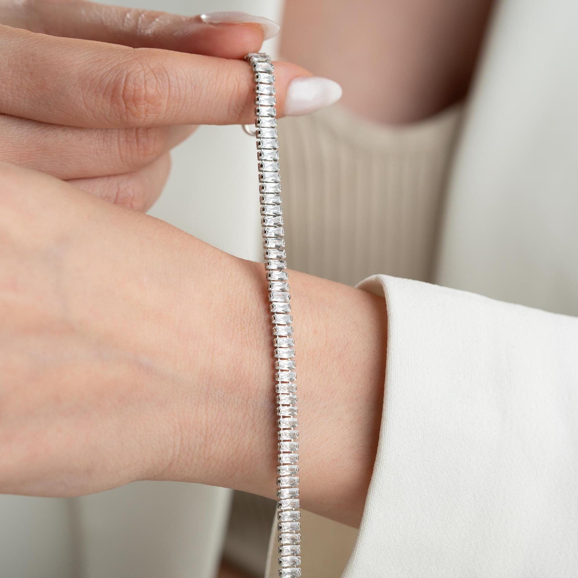 Emerald Cut Zircon Tennis Bracelet - Handmade 925 Sterling Silver Gold Plated - Elegant Jewelry for Women - Gift for Her