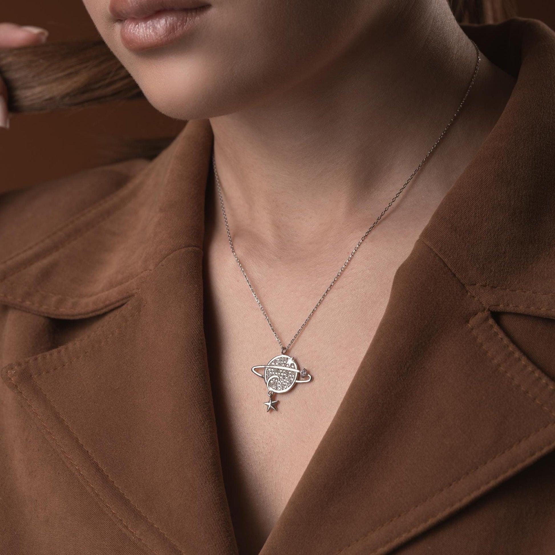 Planet Necklace • Celestial Jewelry for Women • 925 Sterling Silver & Gold Plated • Saturn Pendant with Star Charm • Space Gift for Her