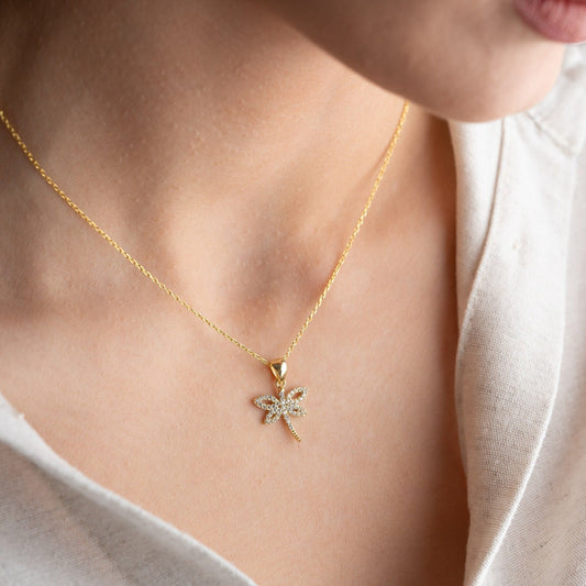 Elegant dragonfly pendant necklace with zircon stones on sterling silver.