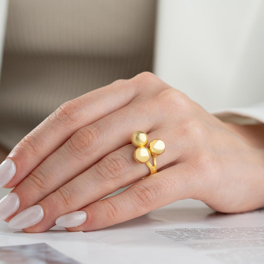 Triple ball adjustable open ring in 925 sterling silver and 14K gold plating, featuring a mix of shiny, matte, and brushed textures.