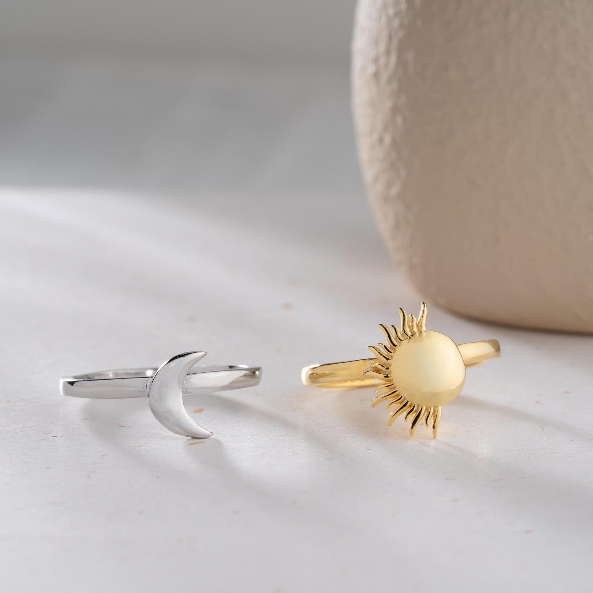Sun and Moon Adjustable Ring Set in 925 Sterling Silver and Gold Plating, Celestial Jewelry featuring sun and moon design, perfect for stacking.