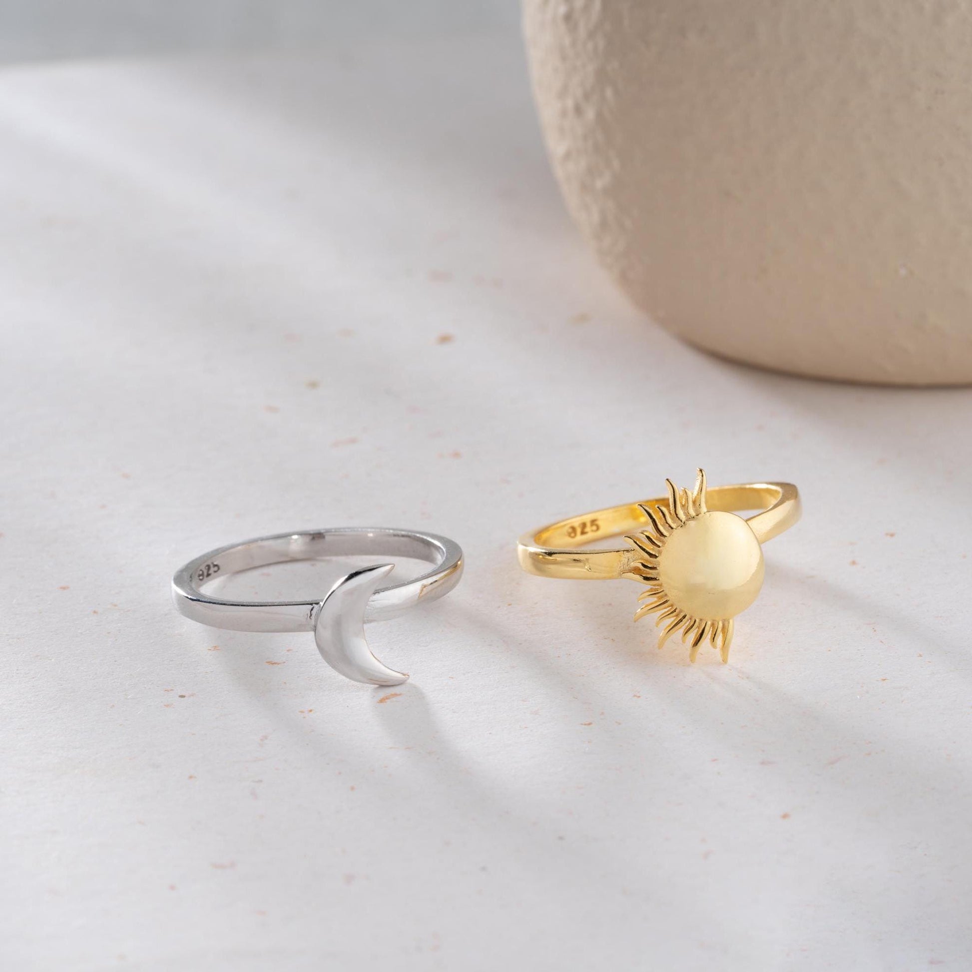 Sun and Moon Adjustable Ring Set in 925 Sterling Silver and Gold Plating, Celestial Jewelry featuring sun and moon design, perfect for stacking.