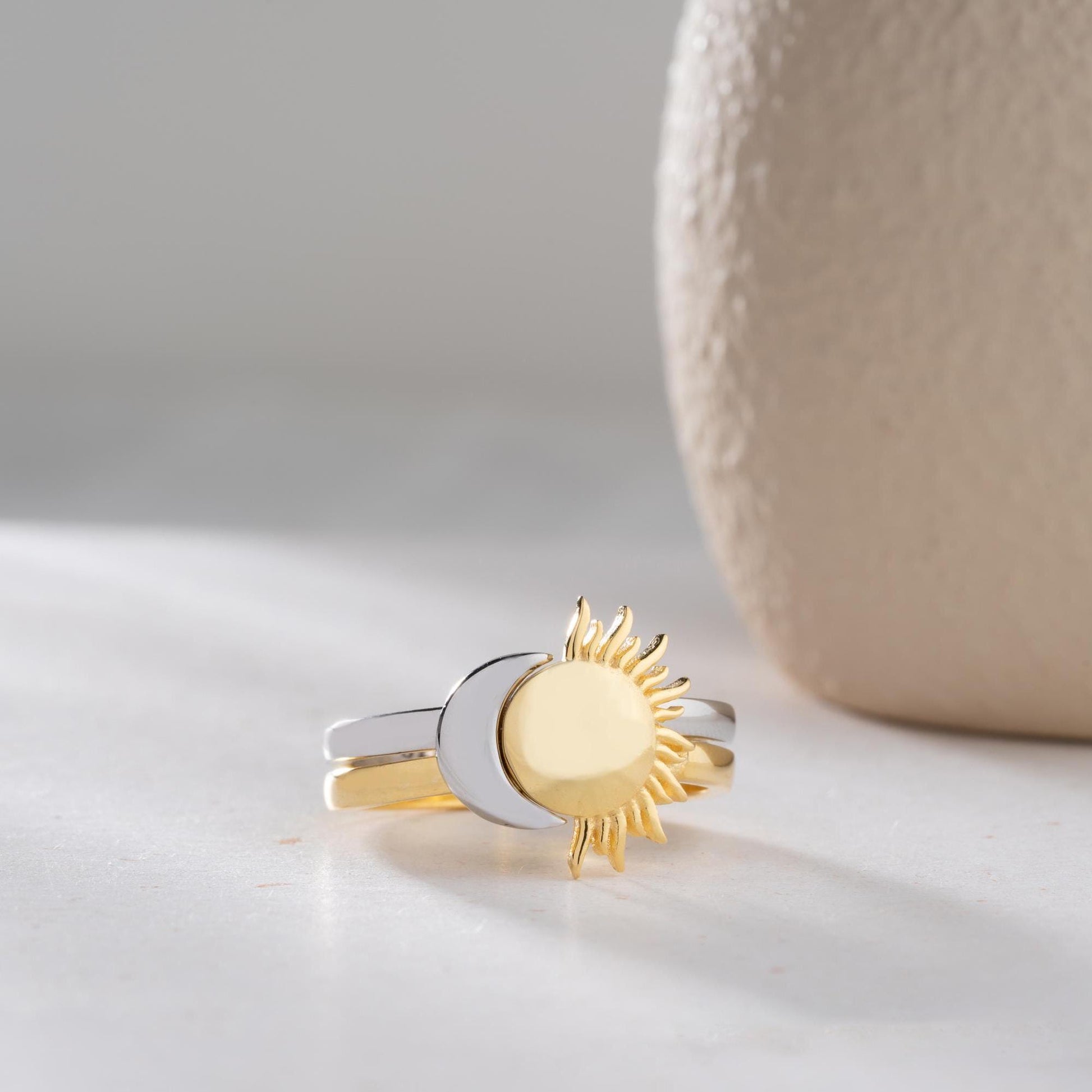 Sun and Moon Adjustable Ring Set in 925 Sterling Silver and Gold Plating, Celestial Jewelry featuring sun and moon design, perfect for stacking.