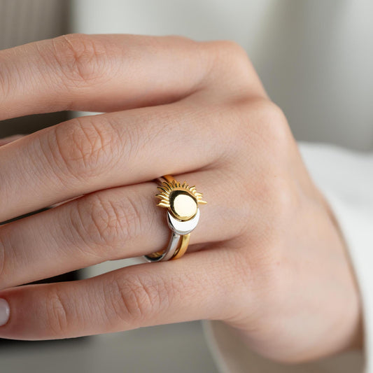 Sun and Moon Adjustable Ring Set in 925 Sterling Silver and Gold Plating, Celestial Jewelry featuring sun and moon design, perfect for stacking