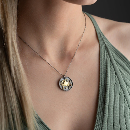 Cancer Zodiac Necklace • 925 Sterling Silver & Gold Plated • Coin Medallion Pendant • Celestial Astrology Jewelry • Gift for Her