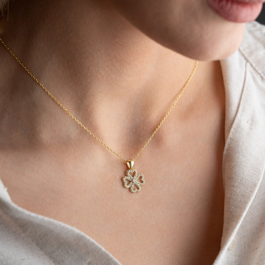Four Leaf Clover Necklace • 925 Sterling Silver Pendant • Zircon Charm • Lucky Gift for Women • Dainty Clover Jewelry • Minimalist Necklace