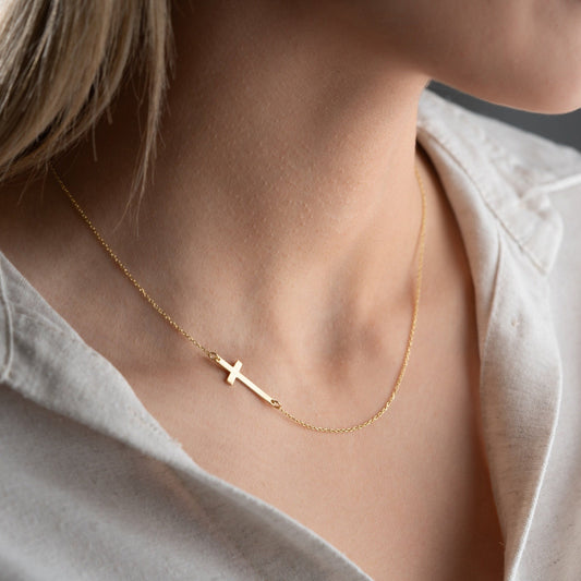 Minimalist Cross Necklace - 925 Sterling Silver Christian Jewelry - Dainty Sideways Cross - Faith Necklace Baptism Gift for Women