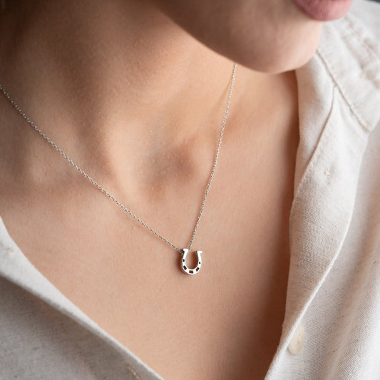 925 Sterling Silver Necklace adorned with zircon stones and featuring a horseshoe symbol, available in multiple colors and lengths.