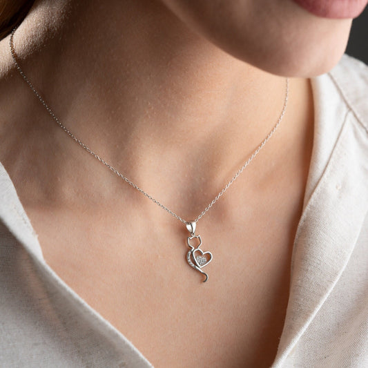 Cat Heart Necklace - 925 Sterling Silver Gold Plated - Dainty CZ Cat Pendant - Minimalist Jewelry Gift for Cat Lovers
