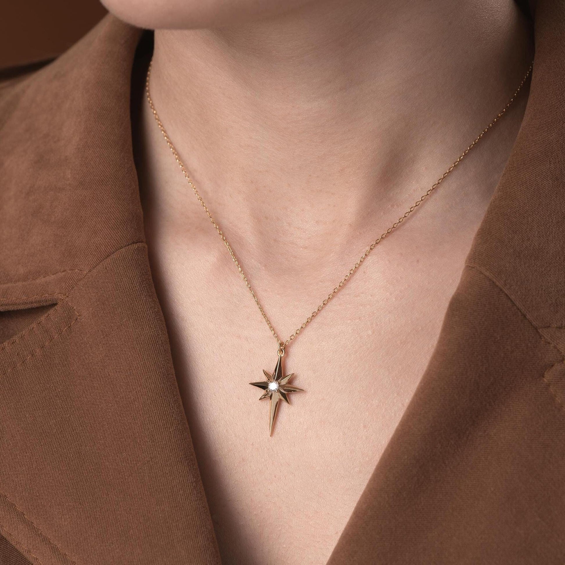 Silver North Star Necklace with Zircon Stone Embellishments