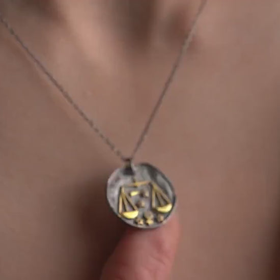 Libra Zodiac Sign Necklace - Handmade 925 Sterling Silver - 14K Gold or Oxidized Finish - 12 Horoscope Designs - Gift for Astrology Lovers