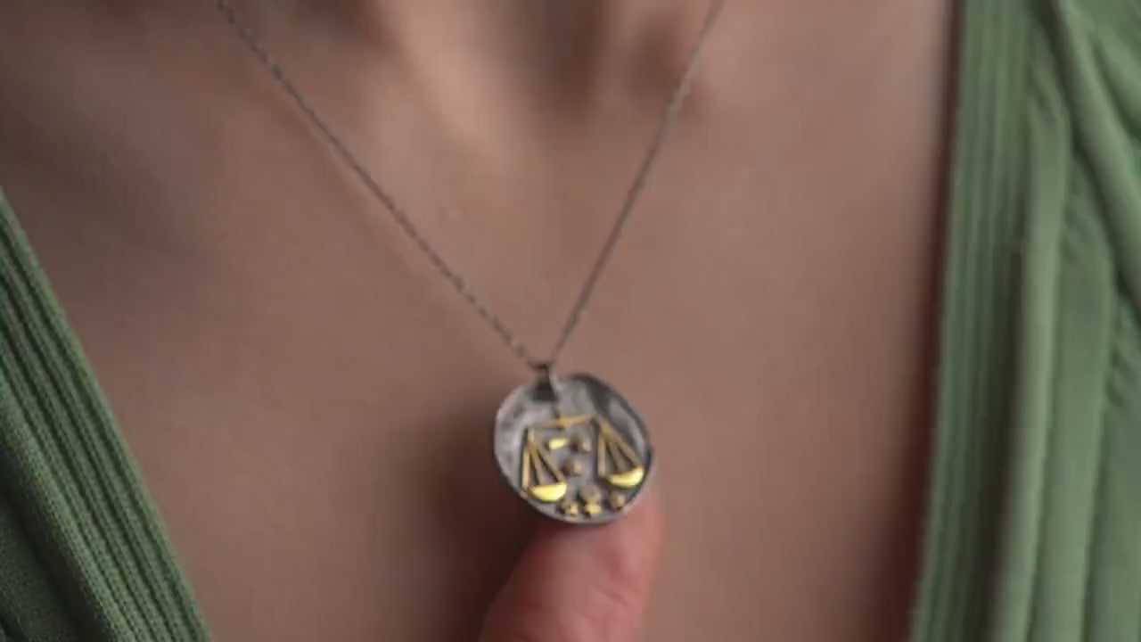 Libra Zodiac Sign Necklace - Handmade 925 Sterling Silver - 14K Gold or Oxidized Finish - 12 Horoscope Designs - Gift for Astrology Lovers