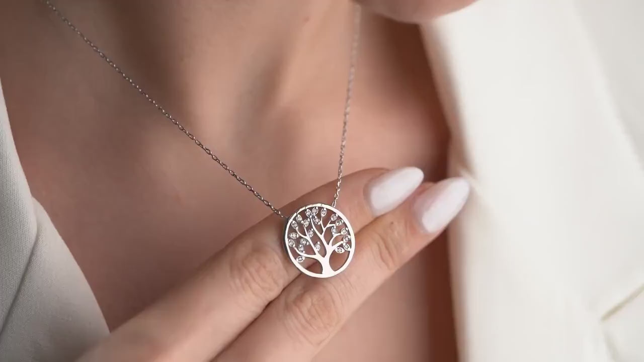 Tree of Life Necklace - Handmade 925 Sterling Silver Gold Plated - Zircon Stone Pendant - Spiritual Nature Inspired Jewelry Gift for Her