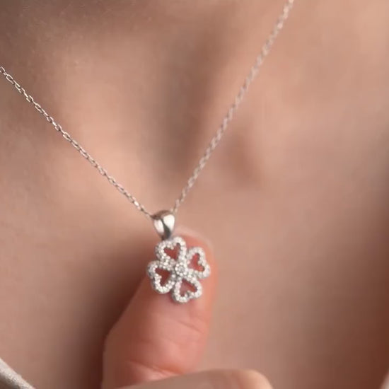 Four Leaf Clover Necklace • 925 Sterling Silver Pendant • Zircon Charm • Lucky Gift for Women • Dainty Clover Jewelry • Minimalist Necklace