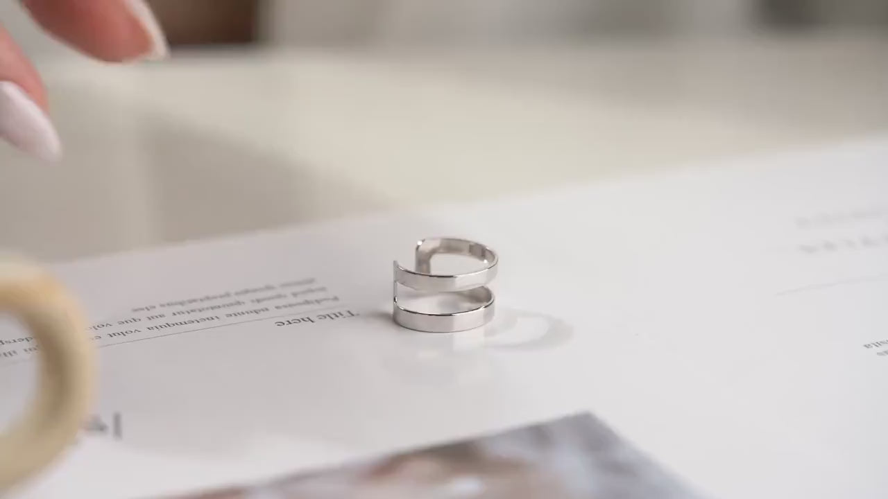 Double Band Adjustable Ring - Handmade 925 Sterling Silver Gold & Rose Gold Plated - Minimalist Open Stackable Jewelry Gift for Her