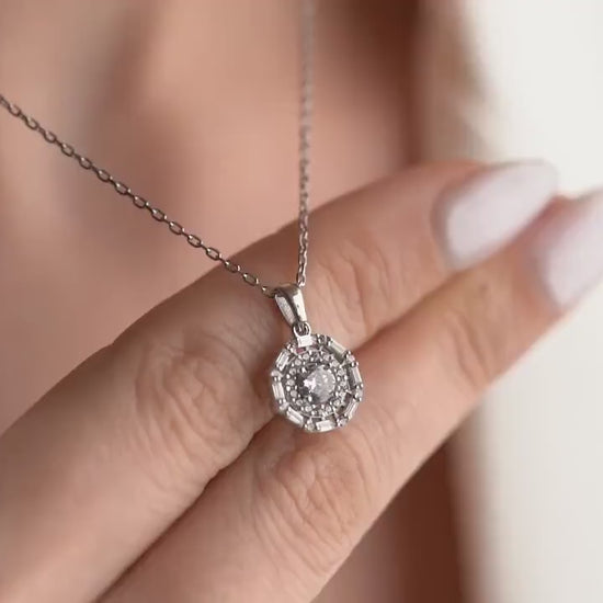 Round Zircon Halo Necklace - Handmade 925 Sterling Silver Gold Plated - Baguette and Pavé Pendant - Elegant Statement Gift for Her