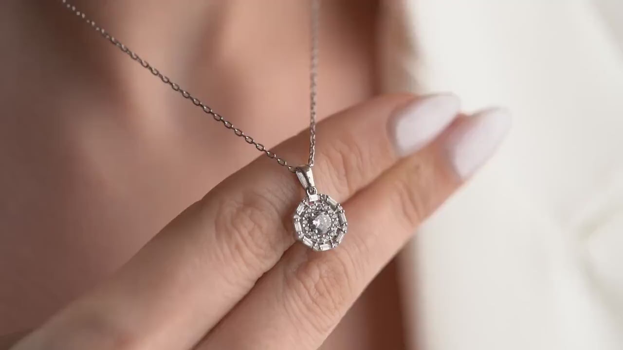 Round Zircon Halo Necklace - Handmade 925 Sterling Silver Gold Plated - Baguette and Pavé Pendant - Elegant Statement Gift for Her