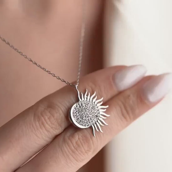Sun and Moon Necklace - Handmade 925 Sterling Silver Gold Plated - Celestial Sunburst Pendant - Astrology Jewelry Gift for Her