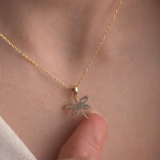 Dragonfly Necklace • 925 Sterling Silver • 14K Gold Plated • Zirconia Charm Pendant • Adjustable Chain Jewelry • Gift for Women & Girls