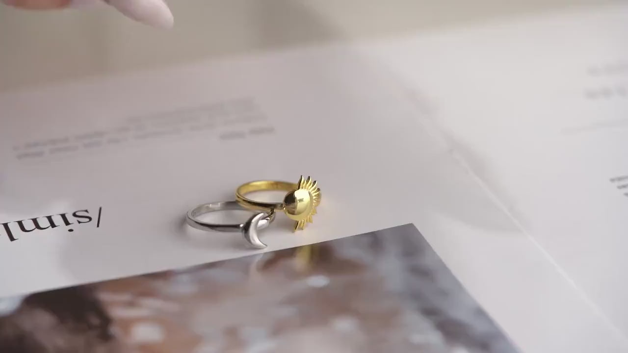 Sun and Moon Ring Set • 925 Sterling Silver & 14K Gold Plated • Handmade Jewelry • Celestial Stacking Rings • Unique Gift for Her