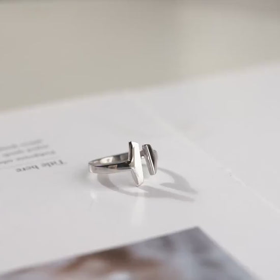 T Bar Ring - Handmade 925 Sterling Silver Gold Plated - Minimalist Adjustable Band - Open Geometric Modern Jewelry Gift for Her