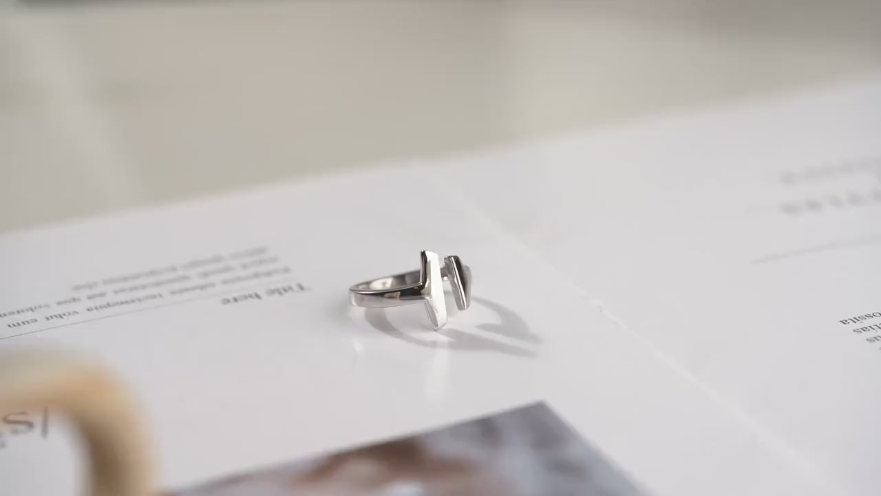 T Bar Ring - Handmade 925 Sterling Silver Gold Plated - Minimalist Adjustable Band - Open Geometric Modern Jewelry Gift for Her