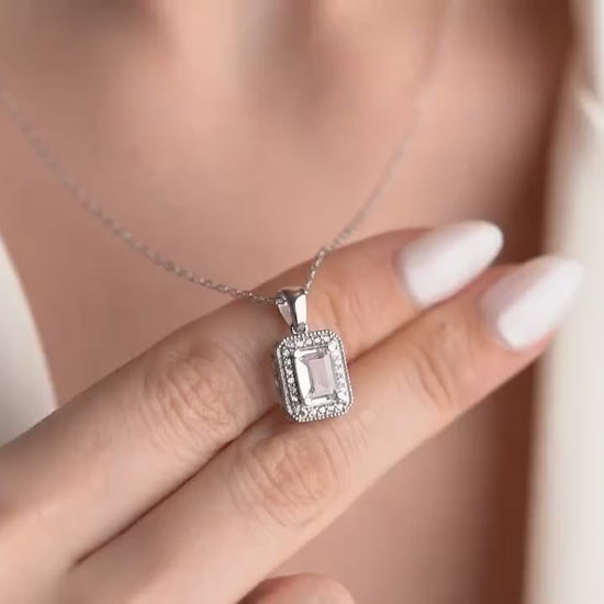 Emerald Cut Halo Necklace • 925 Sterling Silver & Gold Plated • Dainty Pendant • Elegant Jewelry • Gift for Her