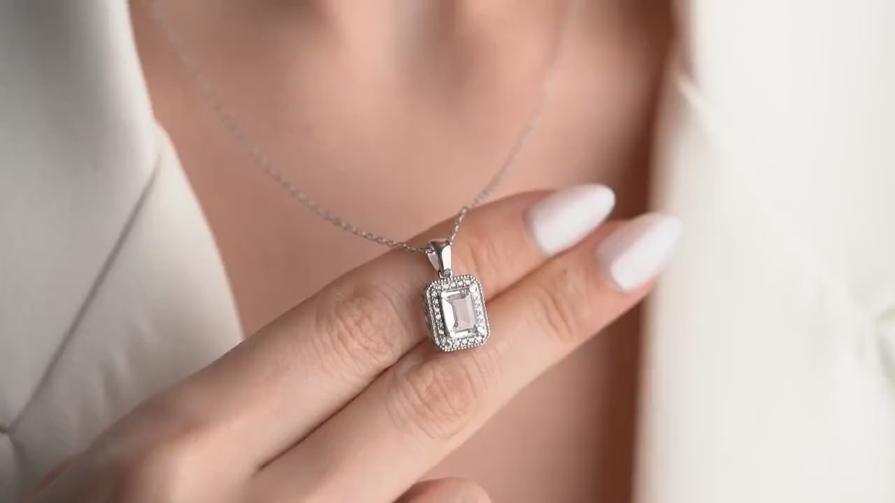 Emerald Cut Halo Necklace • 925 Sterling Silver & Gold Plated • Dainty Pendant • Elegant Jewelry • Gift for Her
