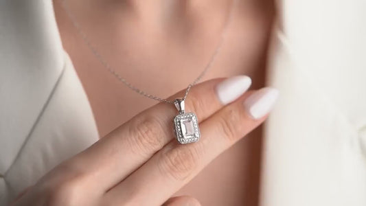 Emerald Cut Halo Necklace • 925 Sterling Silver & Gold Plated • Dainty Pendant • Elegant Jewelry • Gift for Her