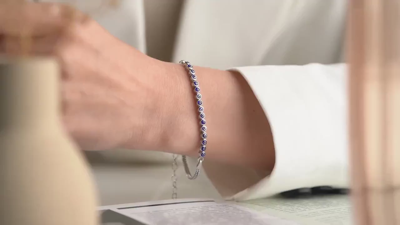 Evil Eye Bracelet • 925 Sterling Silver • 14K Gold Plated Option • Blue Enamel Protection Jewelry • Adjustable Minimalist Bracelet