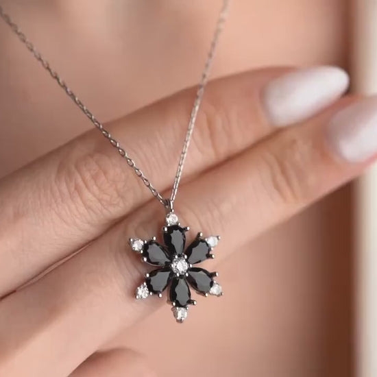 Black Flower Pendant Necklace - Handmade 925 Sterling Silver Gold Plated - Dainty Gothic Floral Jewelry - Elegant Gift for Her