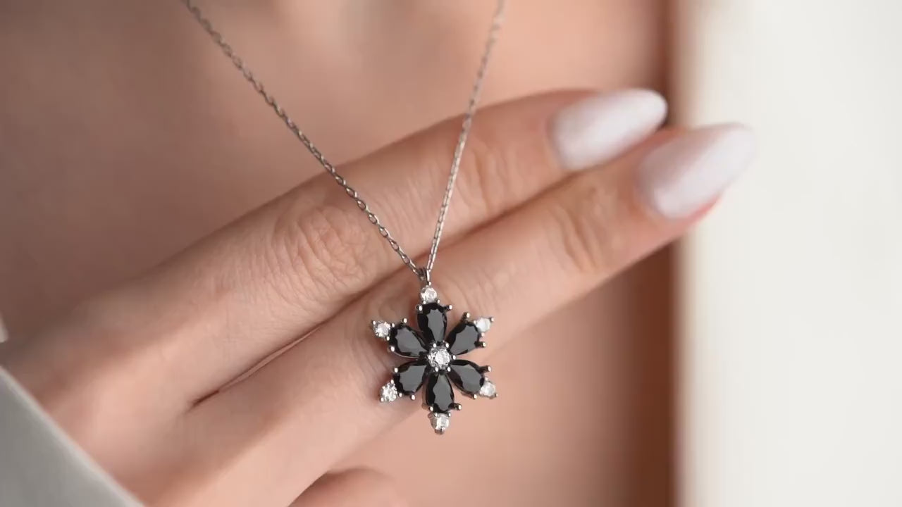 Black Flower Pendant Necklace - Handmade 925 Sterling Silver Gold Plated - Dainty Gothic Floral Jewelry - Elegant Gift for Her