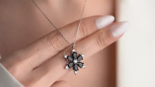 Black Flower Pendant Necklace - Handmade 925 Sterling Silver Gold Plated - Dainty Gothic Floral Jewelry - Elegant Gift for Her
