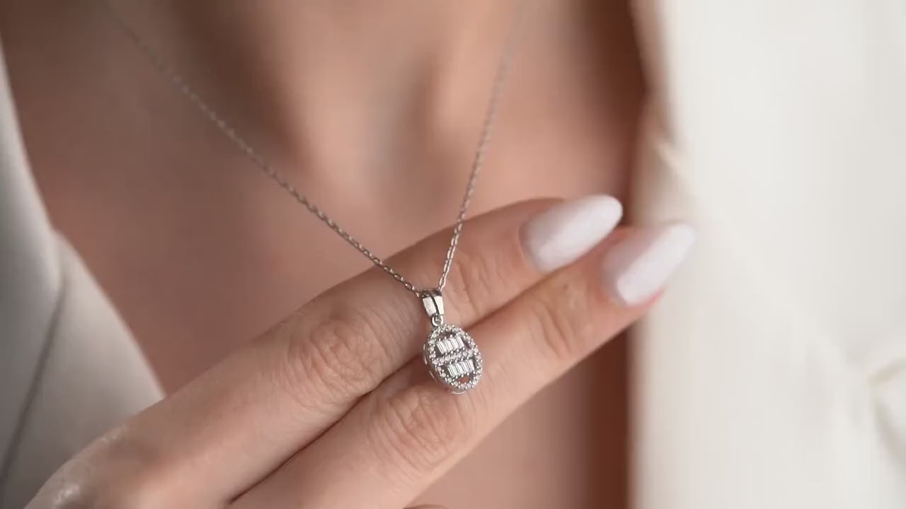 Baguette Oval Necklace - Handmade 925 Sterling Silver Gold Plated - Elegant Zircon Pendant - Dainty Timeless Jewelry Gift for Her