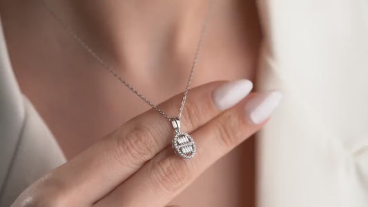 Baguette Oval Necklace - Handmade 925 Sterling Silver Gold Plated - Elegant Zircon Pendant - Dainty Timeless Jewelry Gift for Her