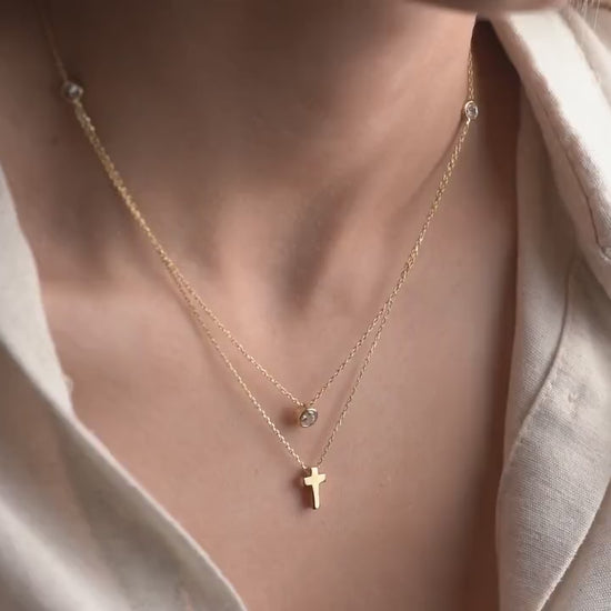 Double Layer Cross Necklace • 925 Sterling Silver & Gold Plated • Zirconia Christian Jewelry • Minimalist Faith Pendant • Gift for Women