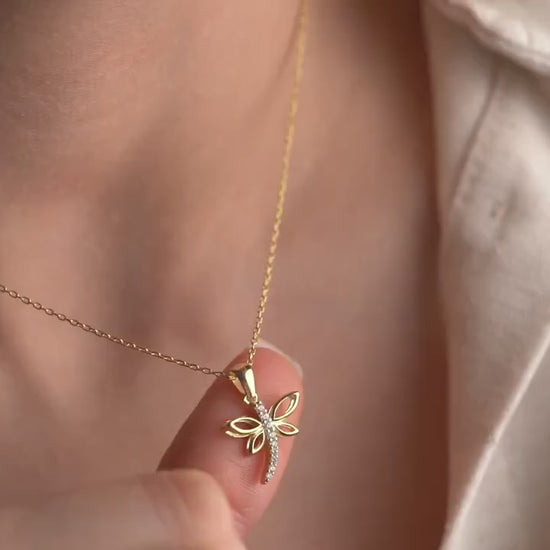 Dragonfly Necklace • 925 Sterling Silver • Gold Plated • Zirconia Insect Pendant • Nature Inspired Jewelry • Gift for Women & Girls