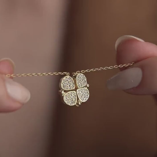Convertible Heart Clover Necklace • 925 Sterling Silver & Gold Plated • Magnetic Transforming Pendant • Adjustable Chain Jewelry