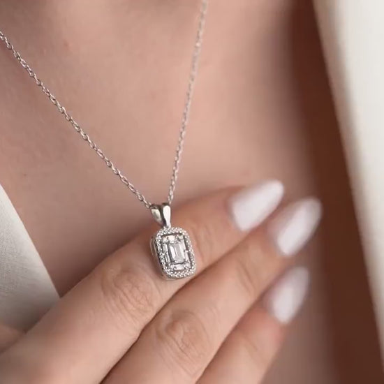Emerald Cut Zircon Necklace - Handmade 925 Sterling Silver Gold Plated - Classic Halo Pendant - Elegant Timeless Jewelry Gift for Her