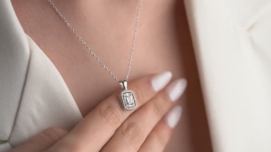 Emerald Cut Zircon Necklace - Handmade 925 Sterling Silver Gold Plated - Classic Halo Pendant - Elegant Timeless Jewelry Gift for Her