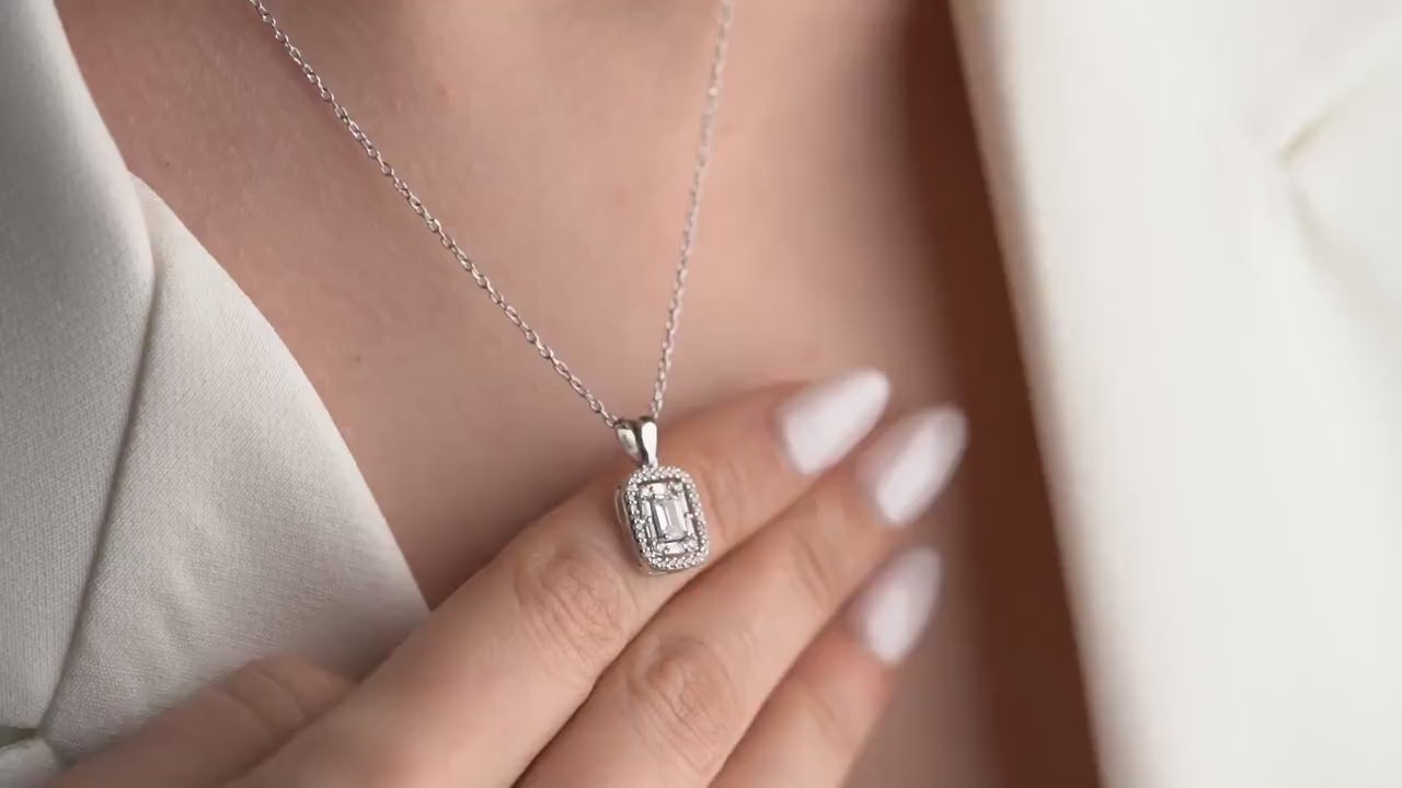 Emerald Cut Zircon Necklace - Handmade 925 Sterling Silver Gold Plated - Classic Halo Pendant - Elegant Timeless Jewelry Gift for Her