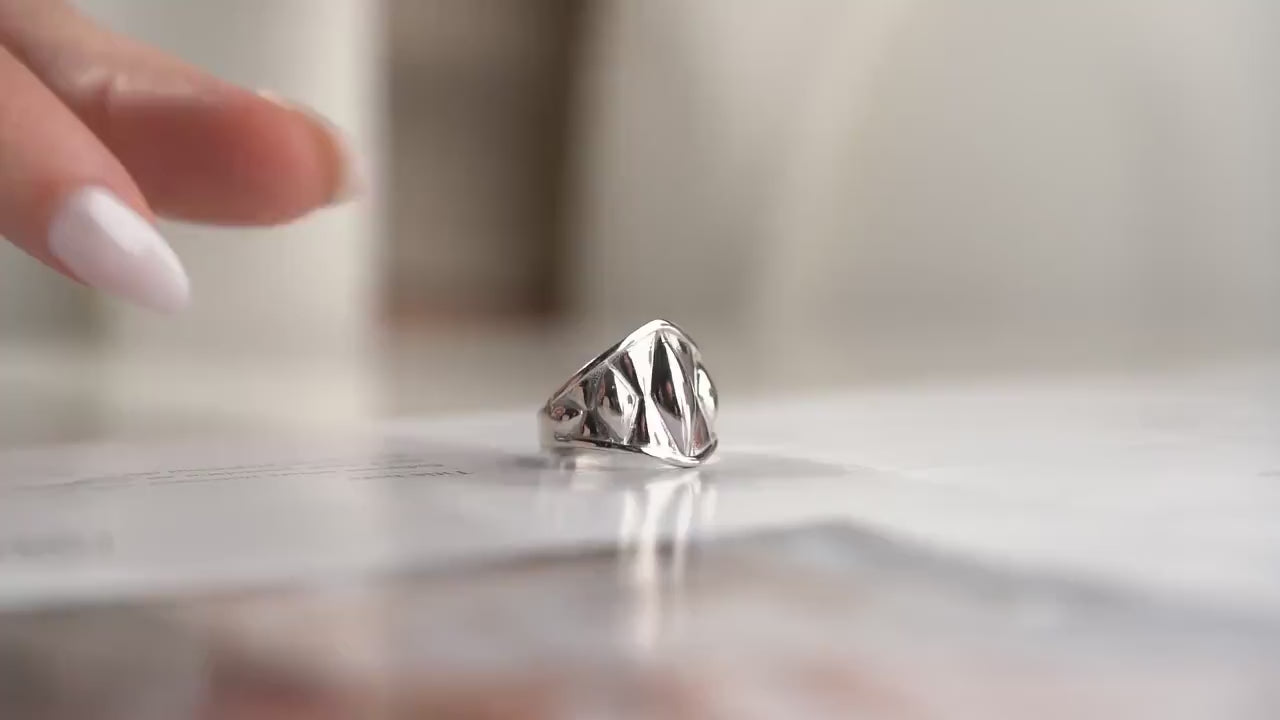 Geometric Adjustable Ring - Handmade 925 Sterling Silver - Bold Statement Ring - Textured Chunky Band - Modern Minimalist Jewelry