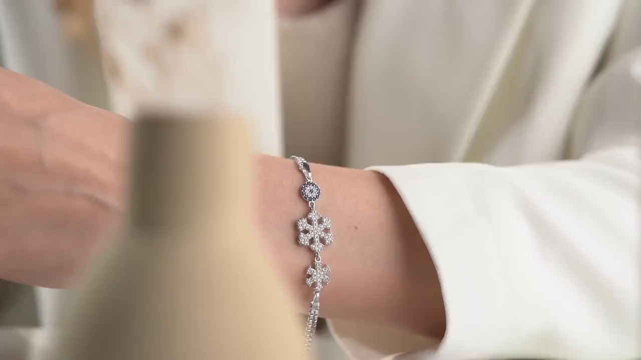 Snowflake Evil Eye Bracelet - Handmade 925 Sterling Silver Gold Plated - Adjustable Chain - Protective Jewelry Gift for Her