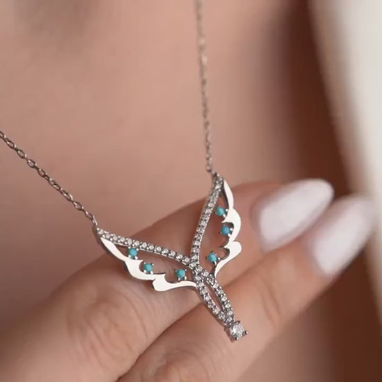 Angel Wing Necklace - Handmade 925 Sterling Silver 14K Gold Plated - Turquoise CZ Pendant - Guardian Angel Jewelry Gift for Her