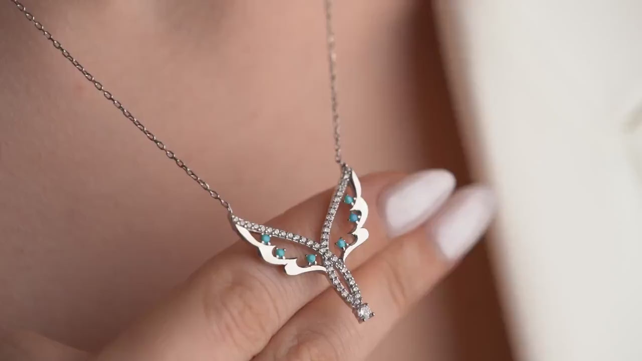 Angel Wing Necklace - Handmade 925 Sterling Silver 14K Gold Plated - Turquoise CZ Pendant - Guardian Angel Jewelry Gift for Her