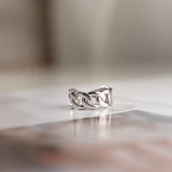 Chunky Chain Ring - Handmade 925 Sterling Silver Gold Plated - Bold Open Adjustable Band - Trendy Statement Jewelry Gift for Her